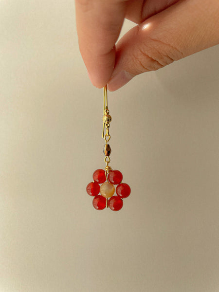 Red Carnelian Gold Earrings W Dangle Flower Charm Hand Made -  Norway