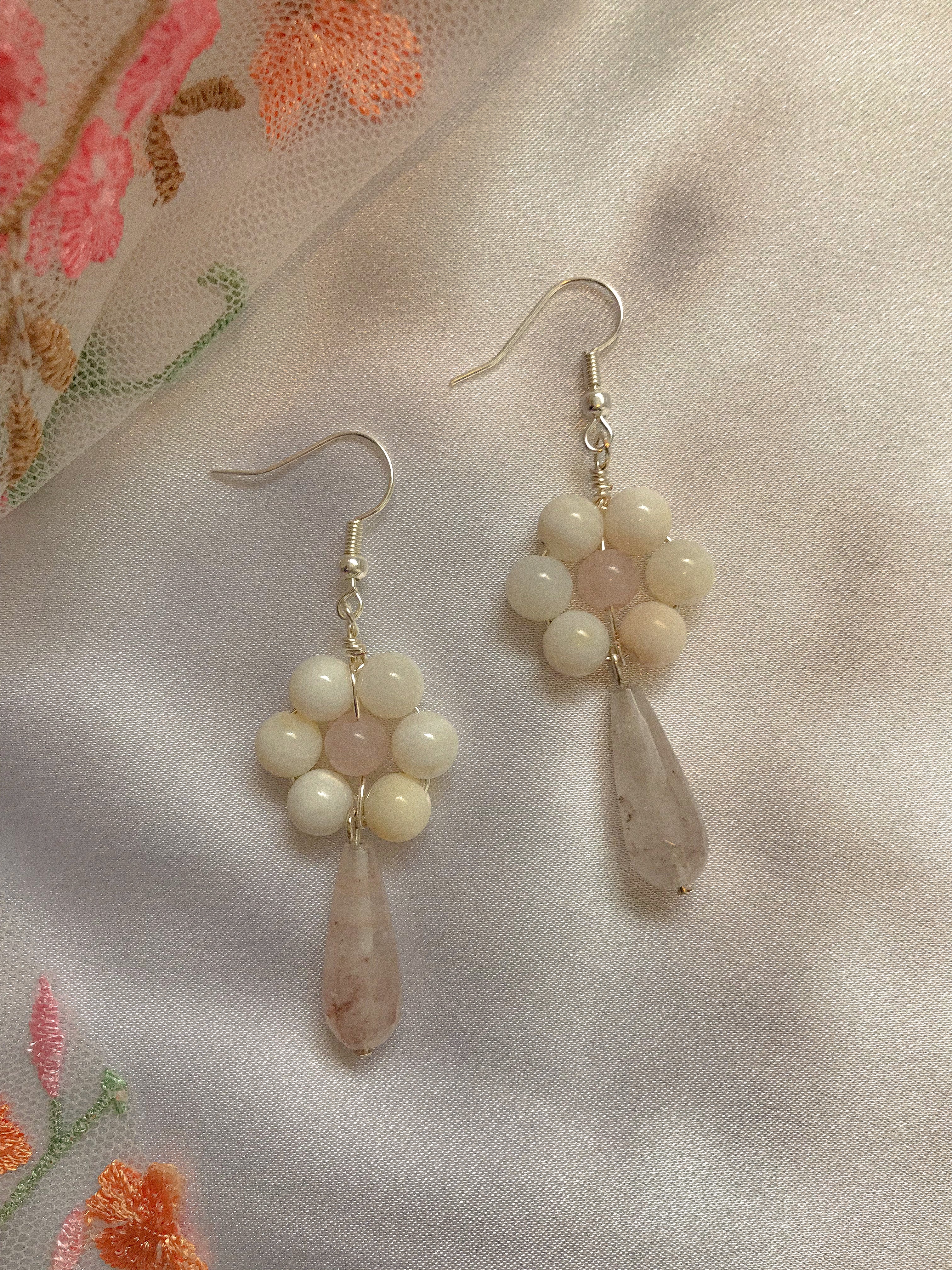 River Shell and Rose Quartz Flower Earrings